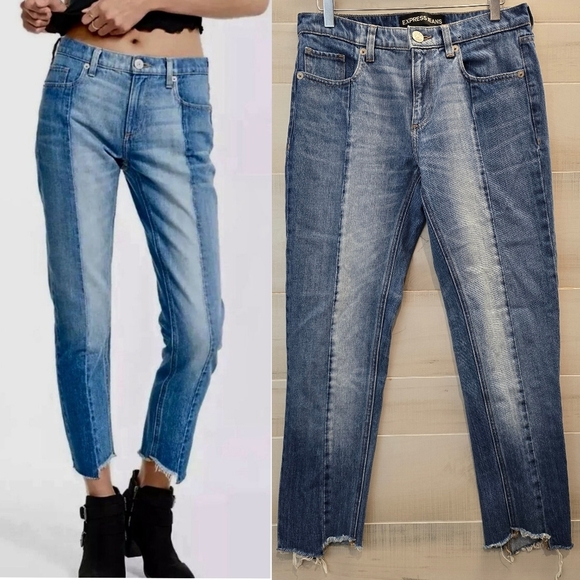 {4R} EXPRESS Original Girlfriend Two Toned Blue Denim Jeans Raw Hem - Picture 1 of 13